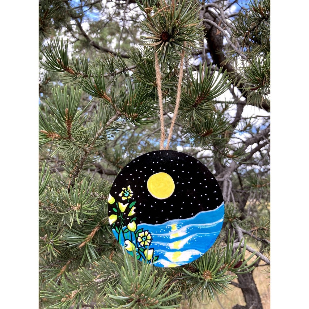 Hand Crafted Wooden Christmas Ornament with Moon, Starry Sky, lake, and flowers